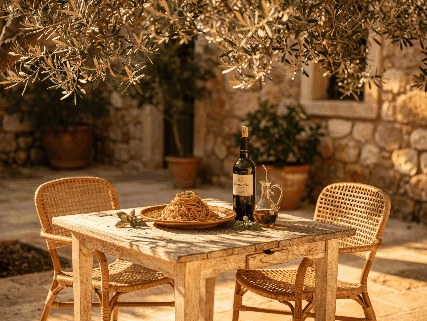Sunlit outdoor Italian patio dining area with olive trees and pergola seating