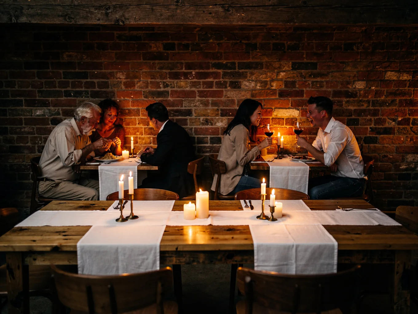 Warm rustic indoor dining room at Trattoria MISTO with ambient candlelight and set tables