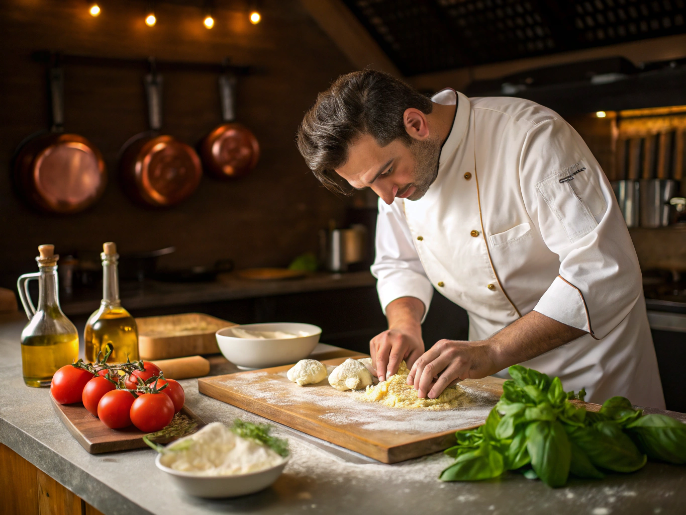 Artisanal open kitchen counter with chef preparing fresh handmade pasta near a wood fire
