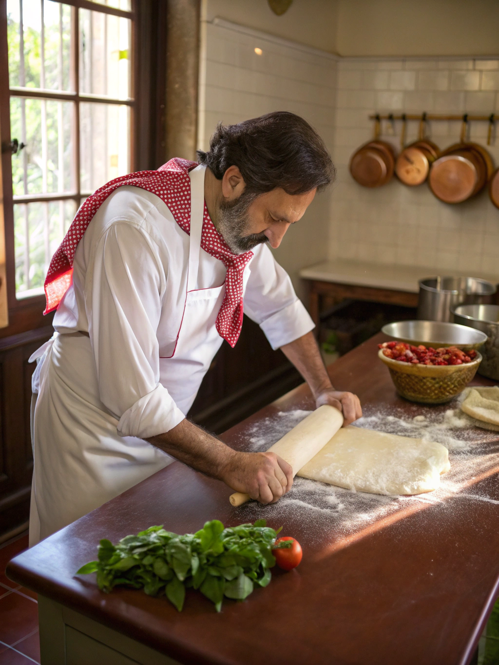 Chef Marco Rossi dusting semolina flour over fresh pasta