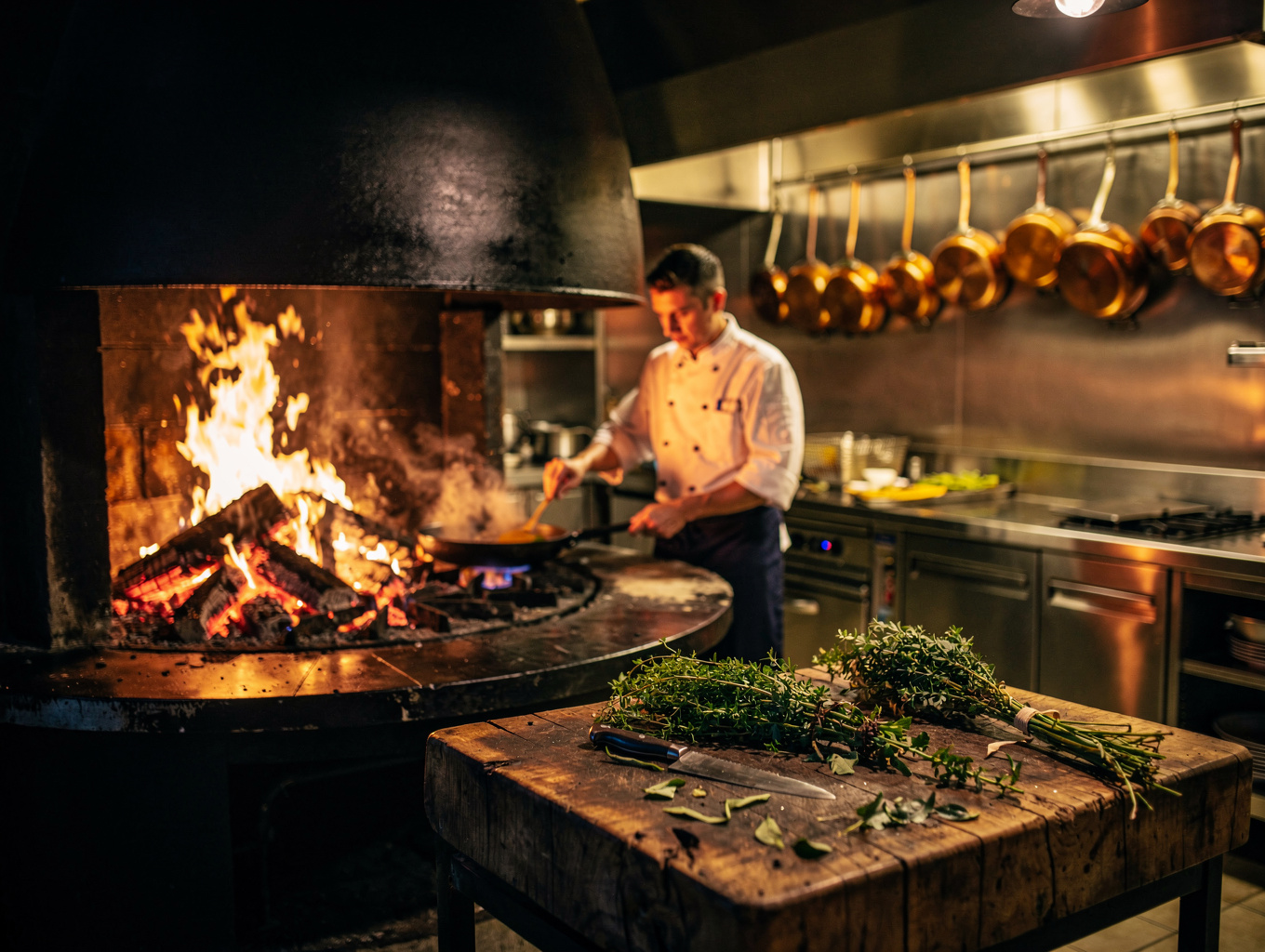 Chef table setup right adjacent to the wood-fired hearth and artisanal kitchen prep area