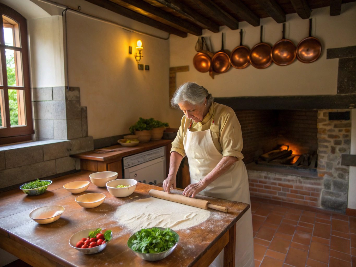 Chef shaping handmade pasta in a classic Italian kitchen