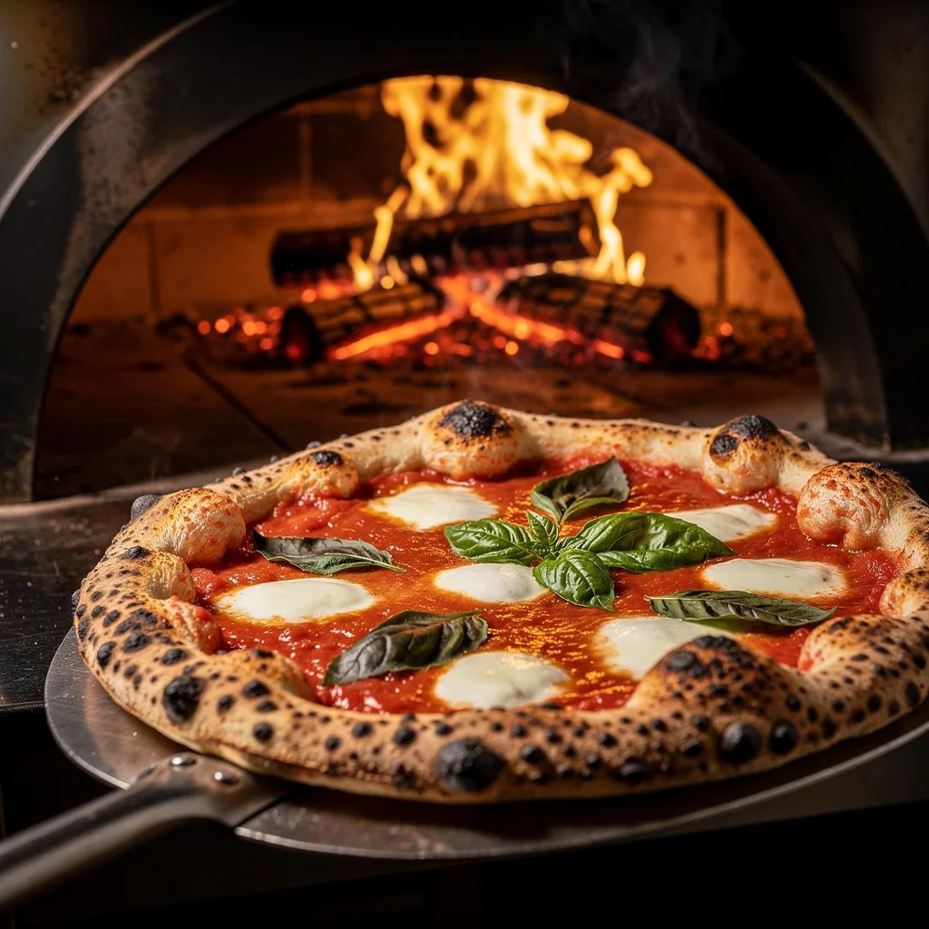 Wood-fired artisanal pizza with fresh basil and mozzarella