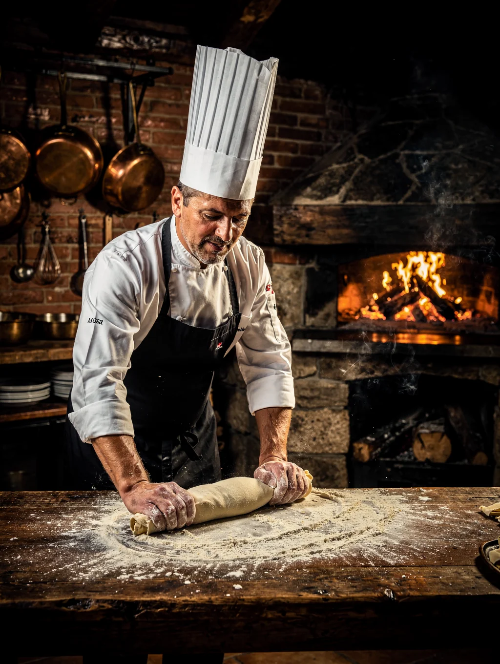Head Chef Marco Rossi kneading fresh artisanal pasta dough