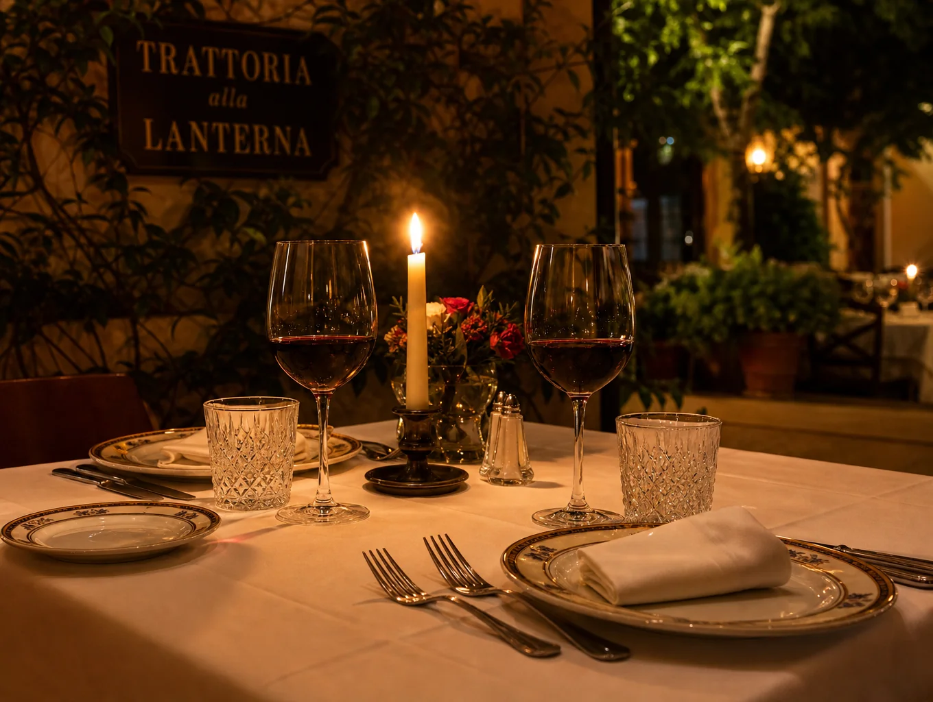 Candlelit romantic table setting with olive oil and artisanal glassware