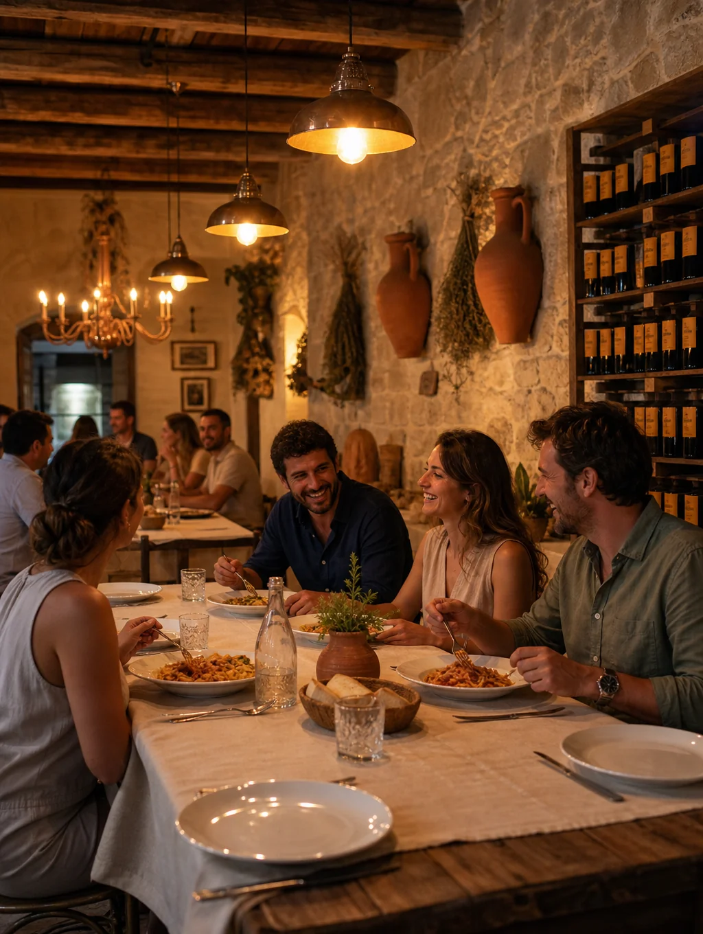 Rustic wooden dining tables bathed in warm amber lighting at MISTO