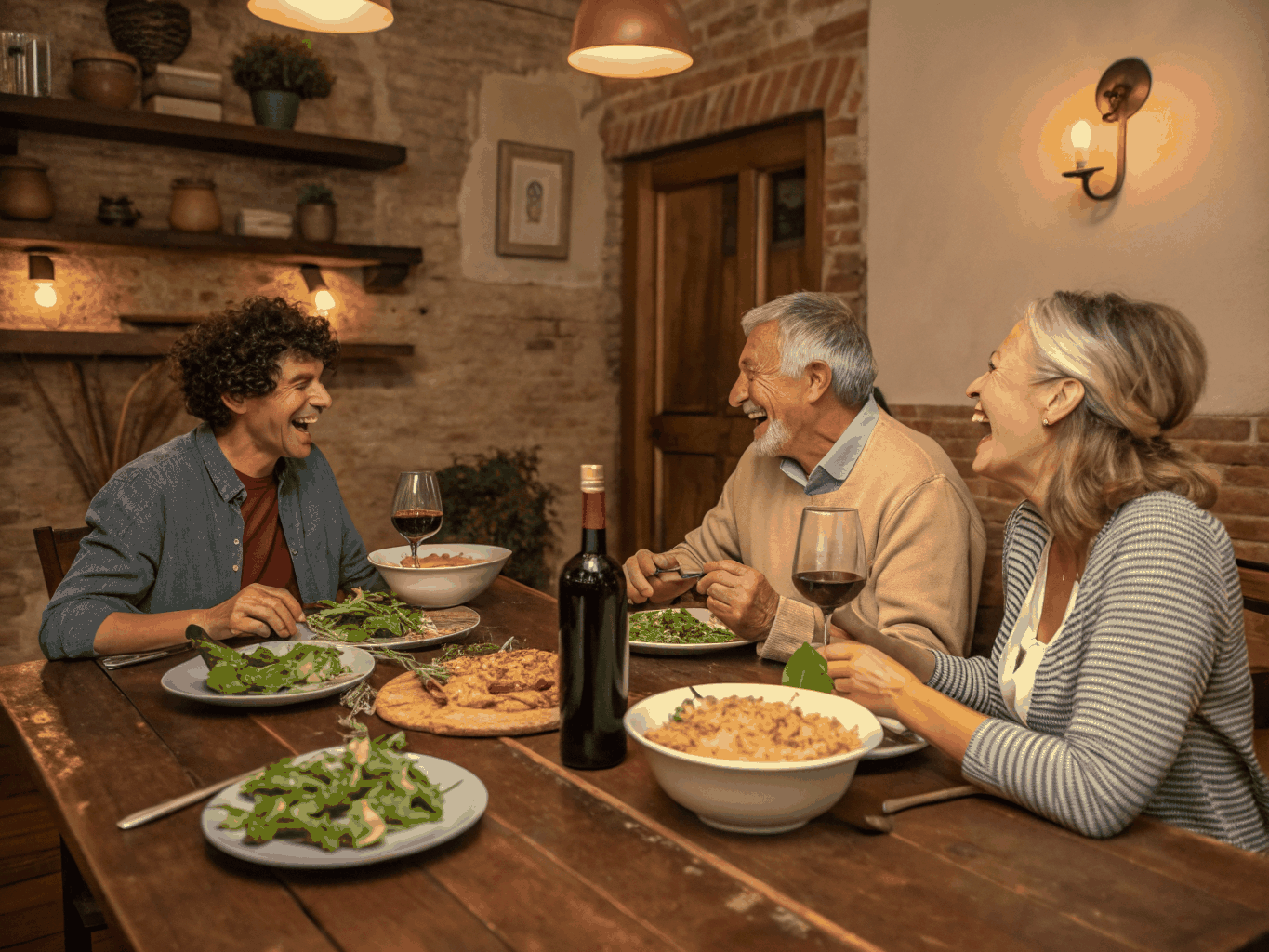 Friends and family toasting over traditional Italian dishes and fresh bread