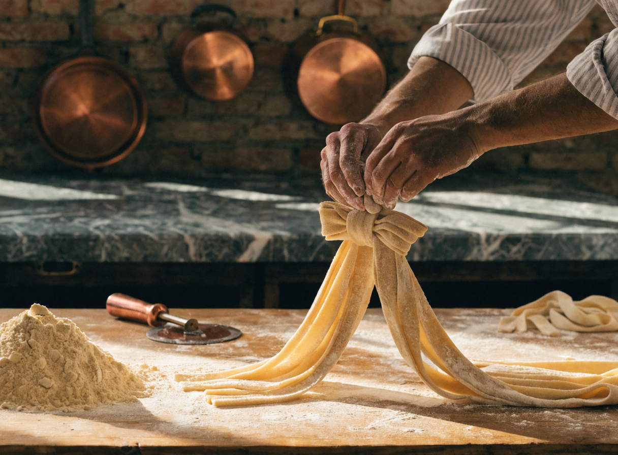 Handmade pasta and semolina flour on raw chestnut wooden counter