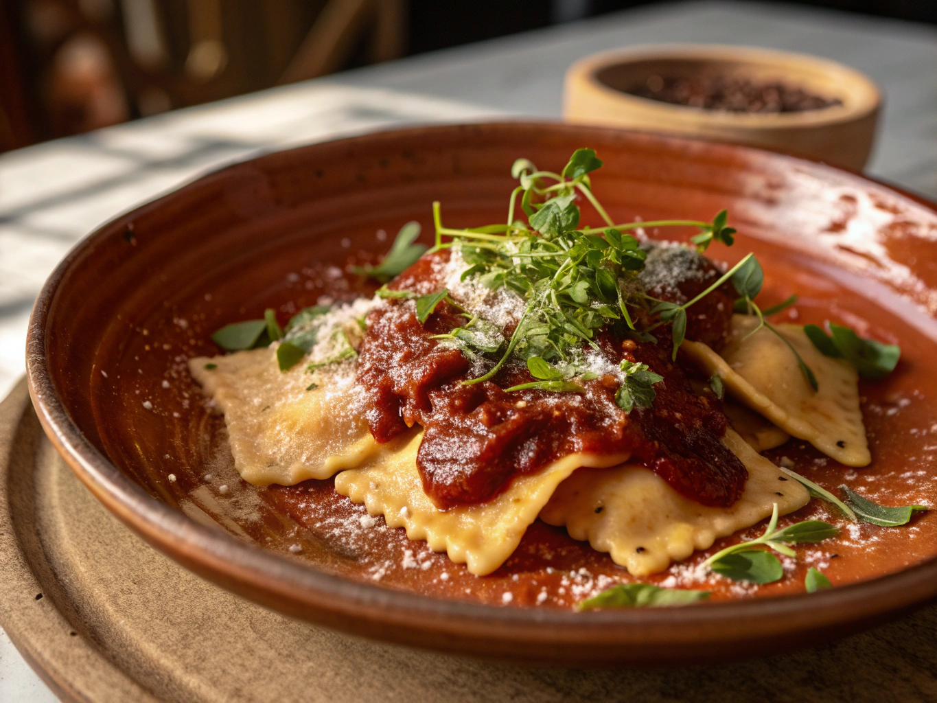 Plated artisanal pasta dish with fresh herbs and olive oil