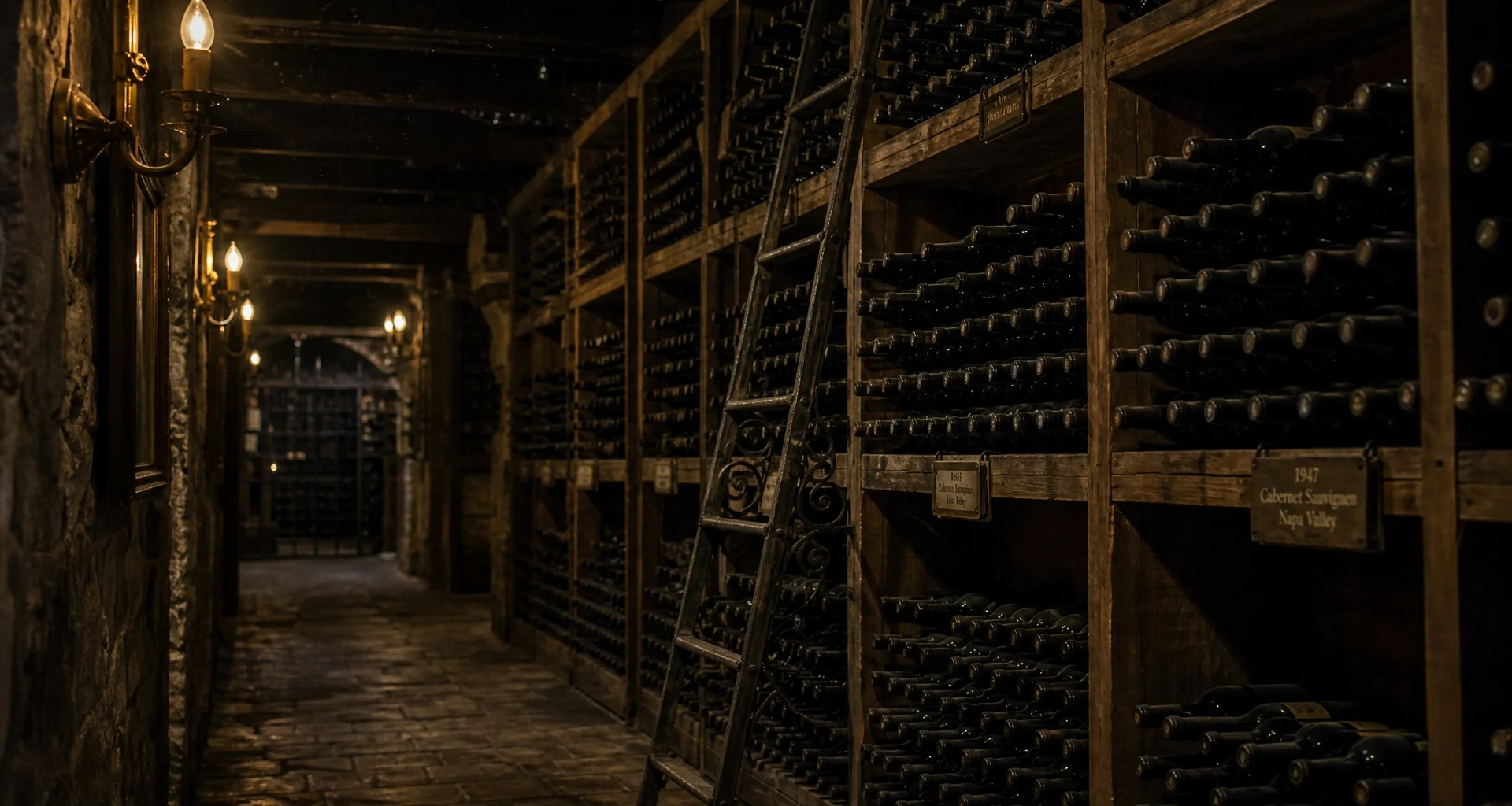 Stone vaulted wine cellar illuminated by ambient amber lanterns