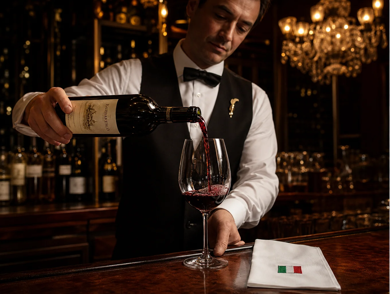 Sommelier pouring Italian red wine into crystal glasses over a wooden table