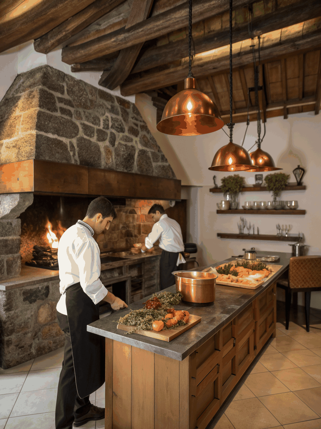 Live wood-fired oven kitchen counter with chefs preparing artisanal pasta