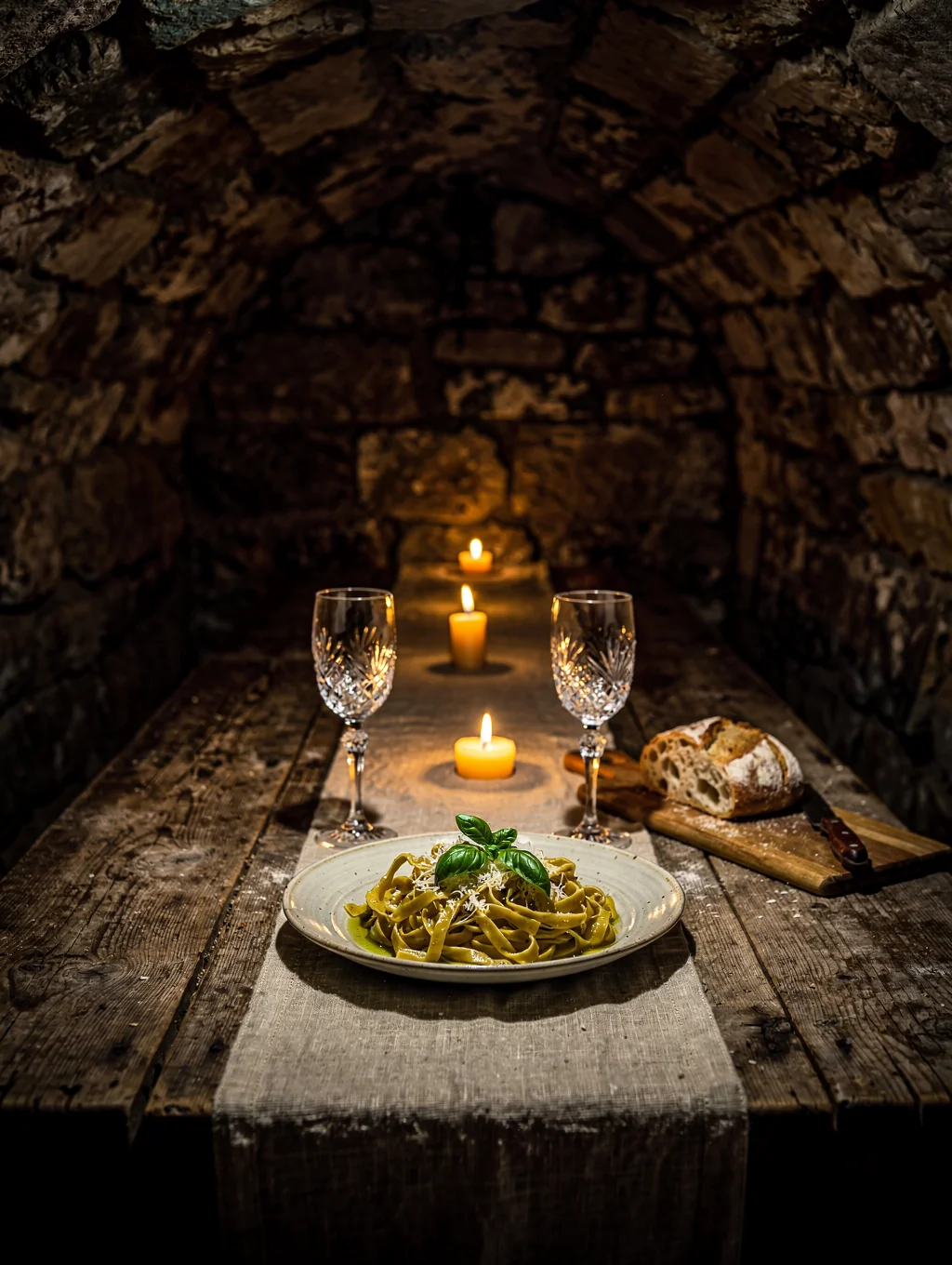 Warmly lit private dining alcove with rustic stone walls and linen table settings