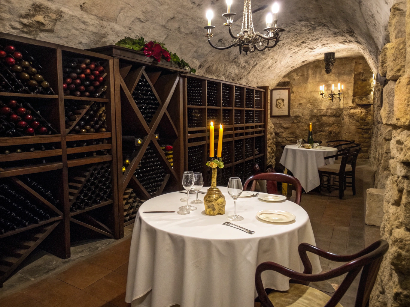 Intimate rustic private dining room set with candlelit tables and wine cellar walls