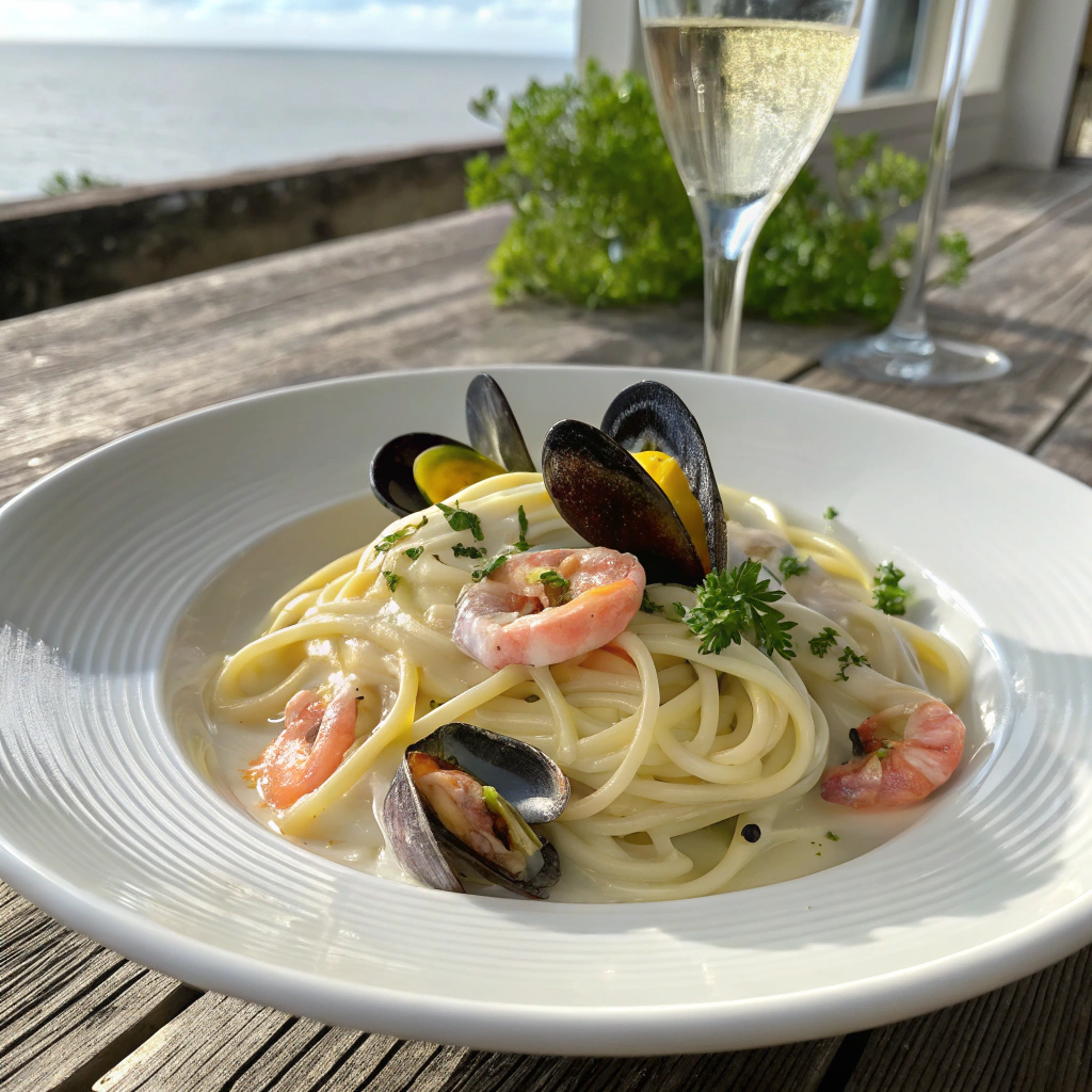 Squid ink linguine tossed with fresh seafood and cherry tomatoes