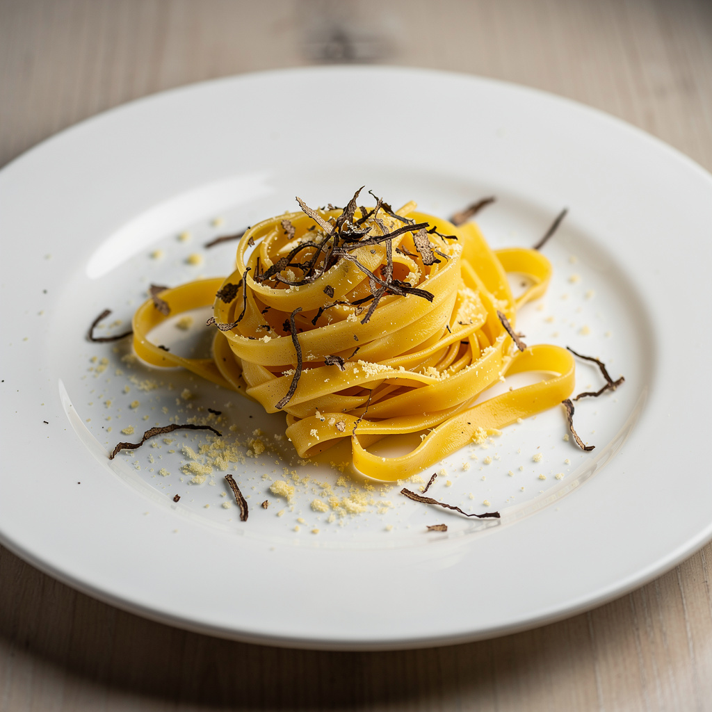 Handmade tagliatelle pasta with shaved black truffle and parmigiano