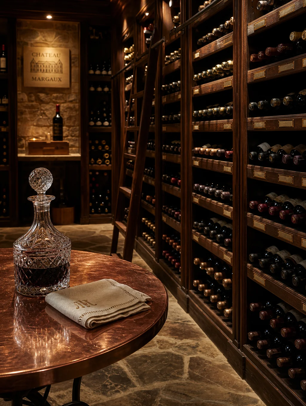 Vaulted brick wine cellar lined with vintage bottles and wooden tasting tables